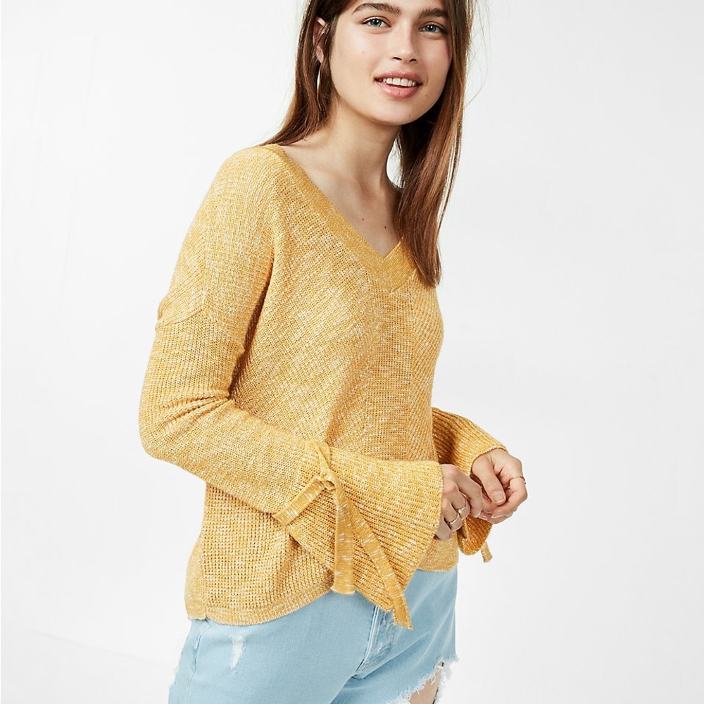 Express  Yellow Mustard V-Neck Bell Sleeve Sweater. Size XS. NWT
